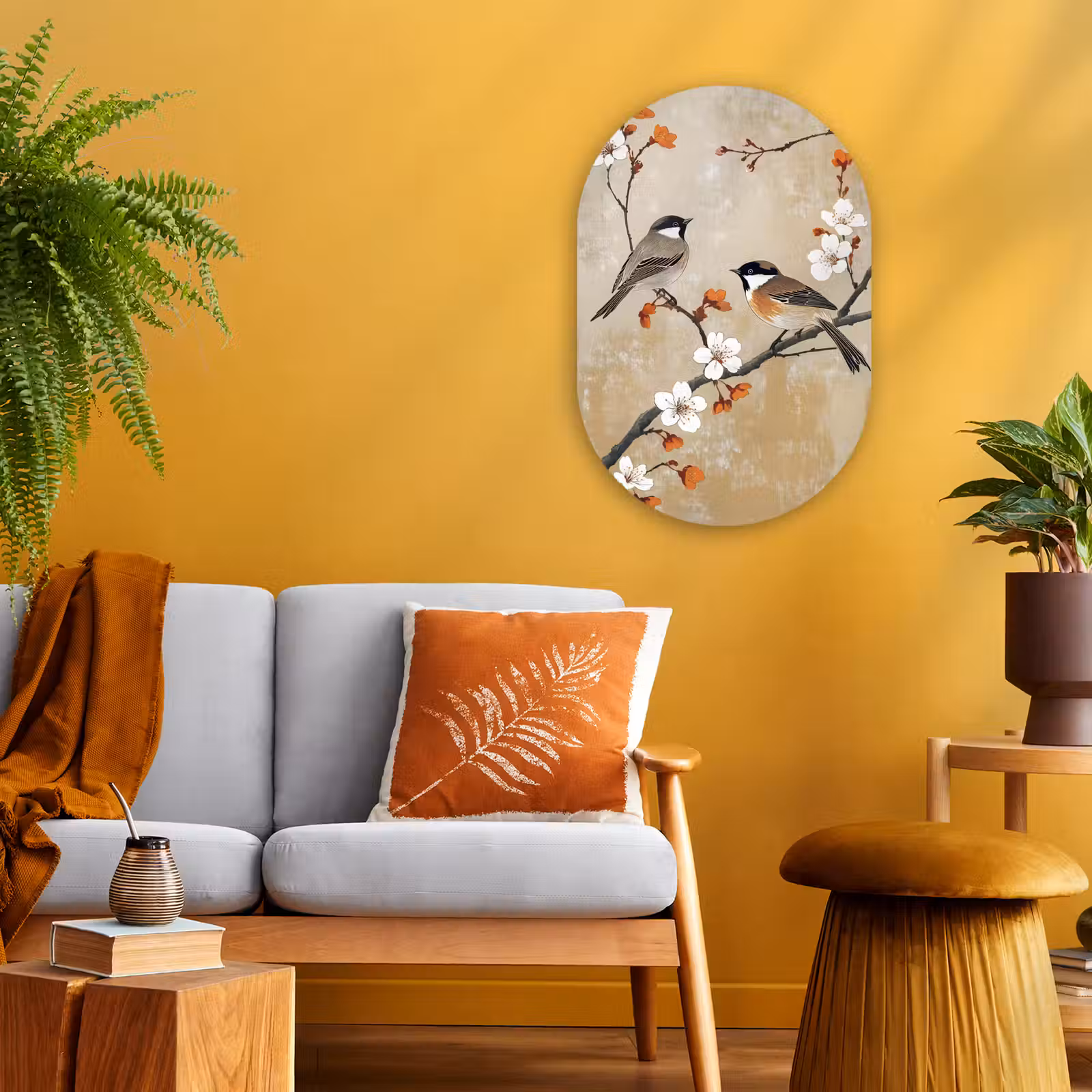 Muurovaal - Vogels - Bloesemtak - Bloemen - Oranje — 1