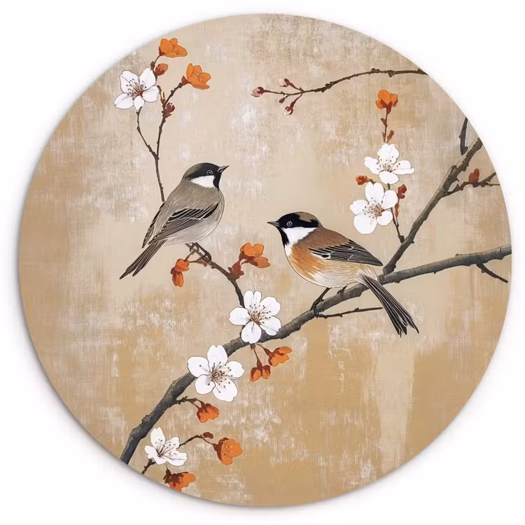 Muurcirkel - Vogels - Bloesemtak - Bloemen - Oranje — 1