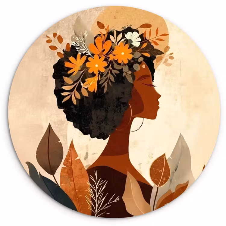 Muurcirkel - Vrouw - Krullen - Bloemen - Beige — 1