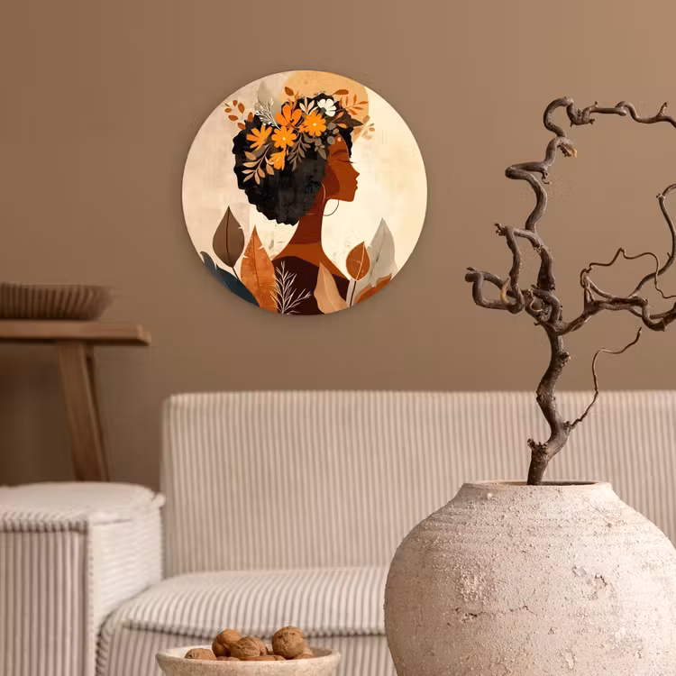 Muurcirkel - Vrouw - Krullen - Bloemen - Beige — 2