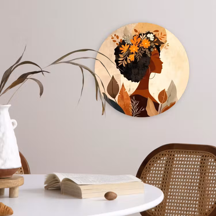 Muurcirkel - Vrouw - Krullen - Bloemen - Beige — 4