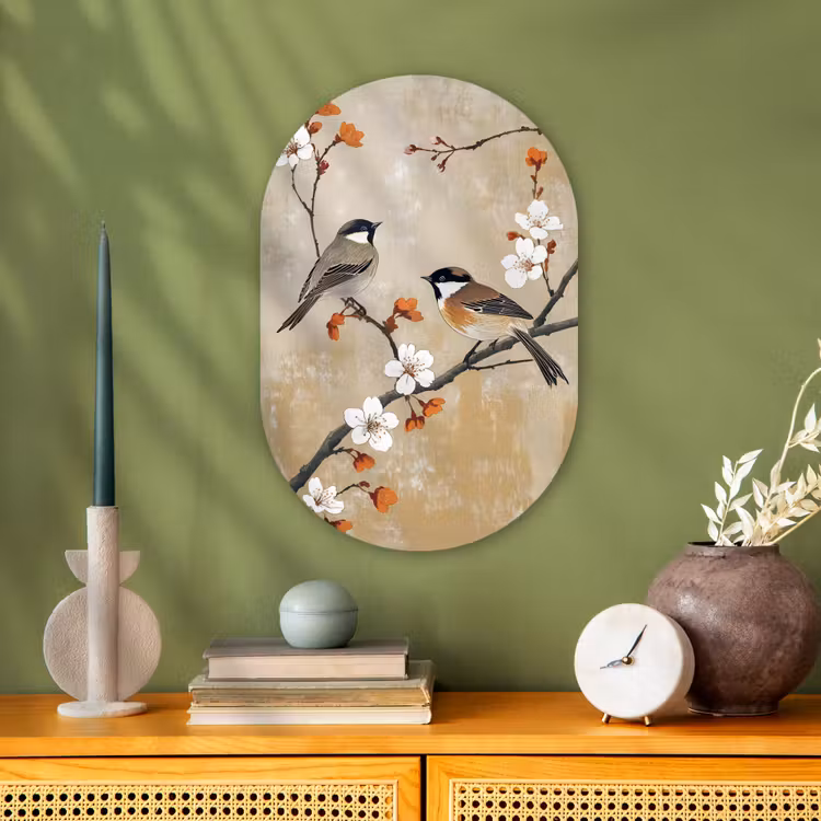 Muurovaal - Vogels - Bloesemtak - Bloemen - Oranje — 2