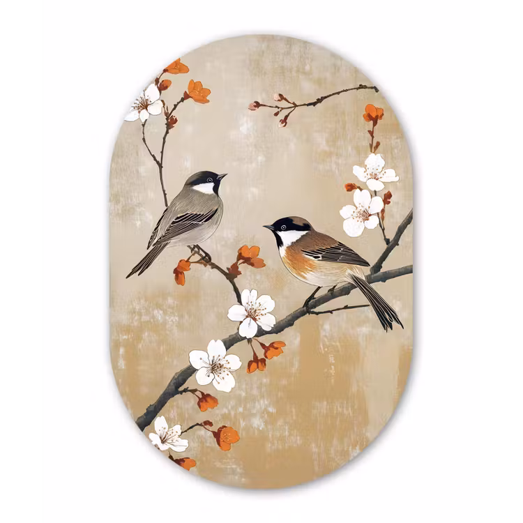 Muurovaal - Vogels - Bloesemtak - Bloemen - Oranje — 3