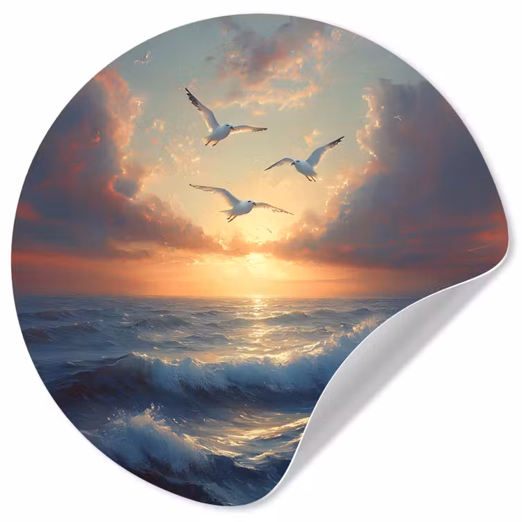 Behangcirkel - Meeuwen - Zonsondergang - Zee - Wolken — 1