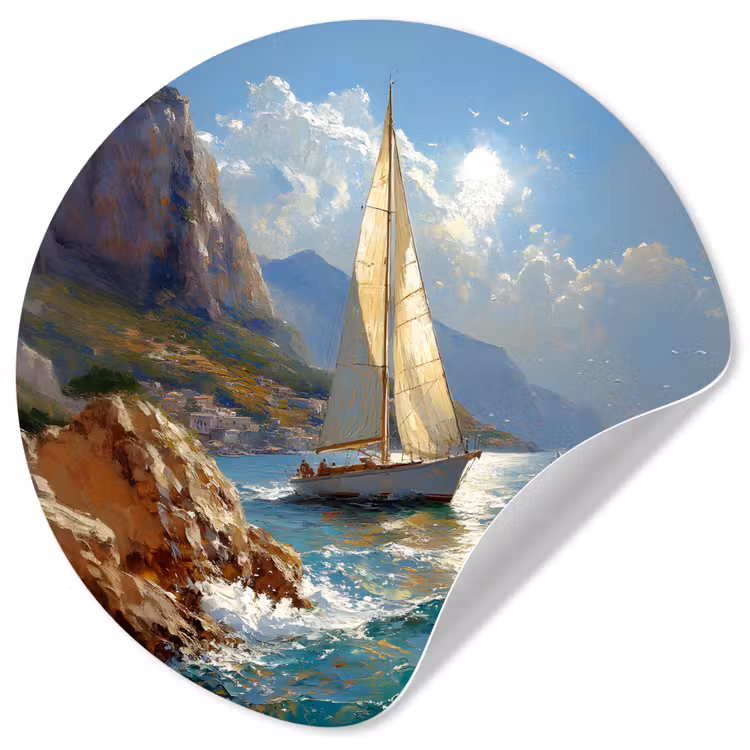 Behangcirkel - Zeilschip - Zee - Rotsen - Wolken — 1