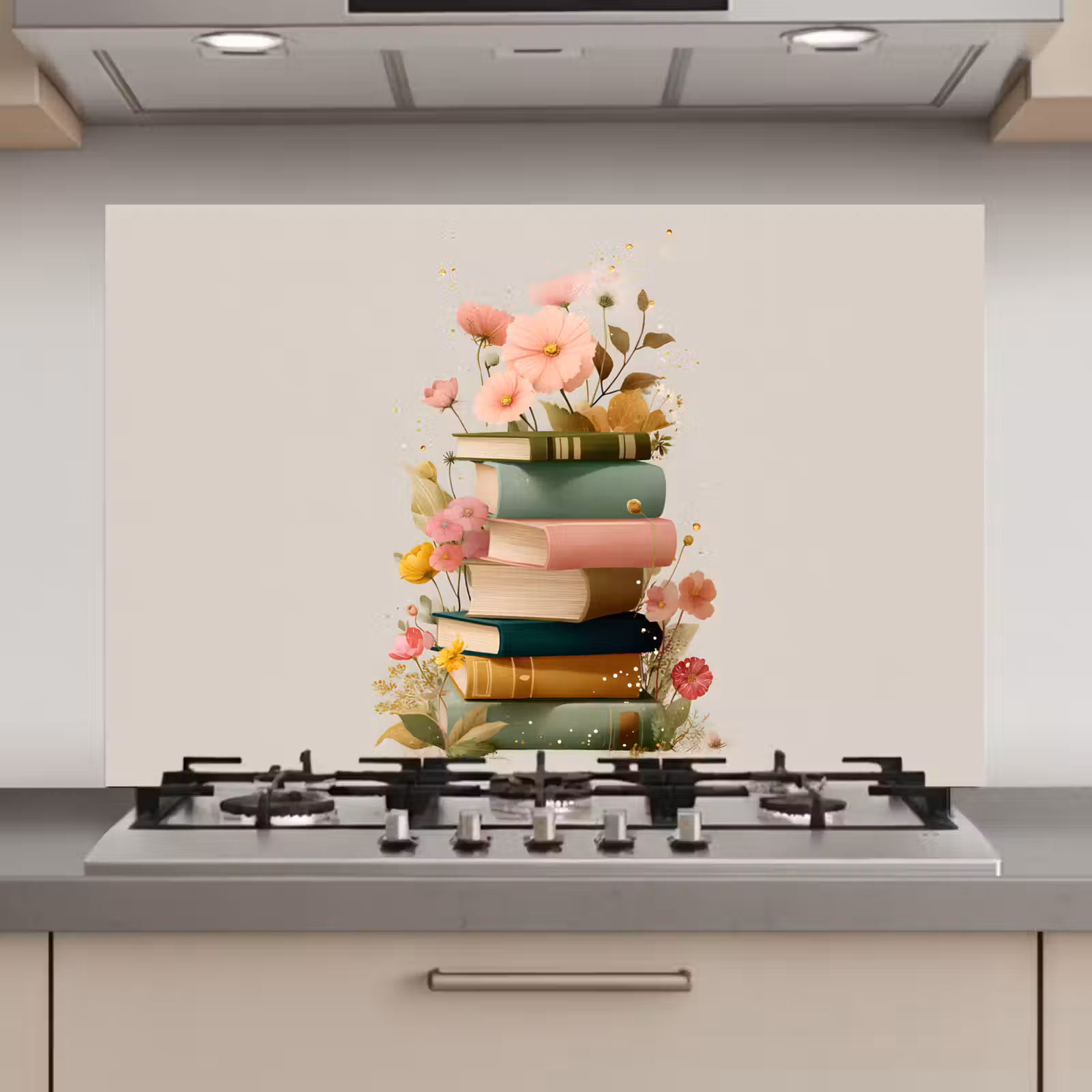 Spatscherm keuken - Boeken - Stapel - Bloemen - Kleurrijk — 1