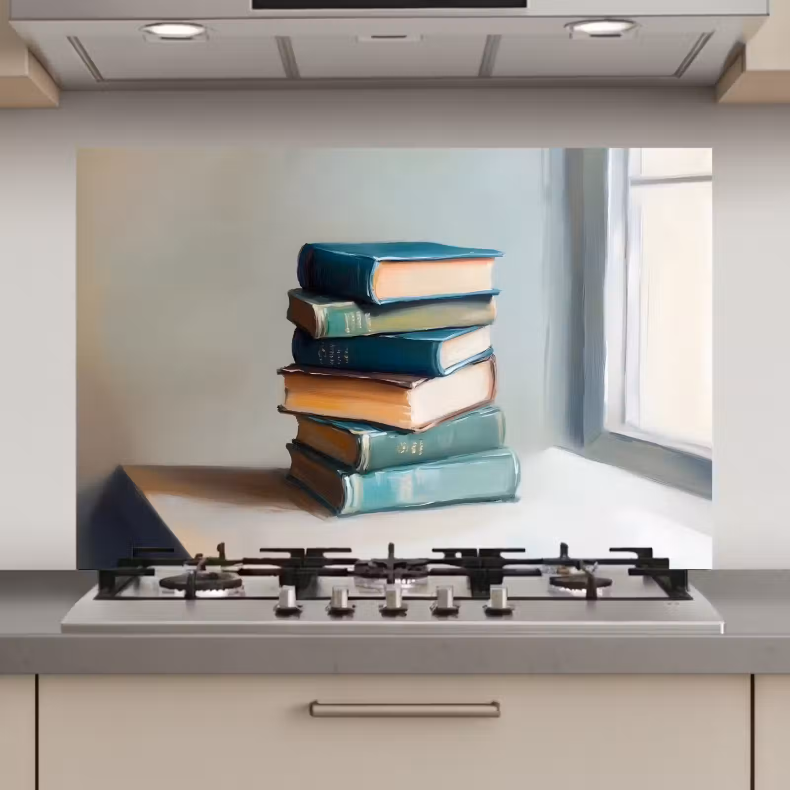 Spatscherm keuken - Stapel - Boeken - Groen - Daglicht — 1