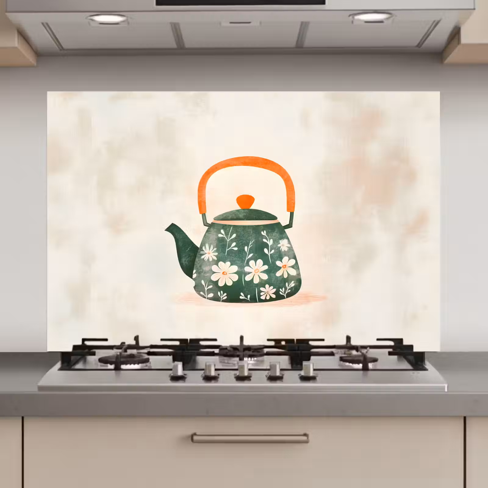 Spatscherm keuken - Theepot - Groen - Bloemen - Oranje — 1