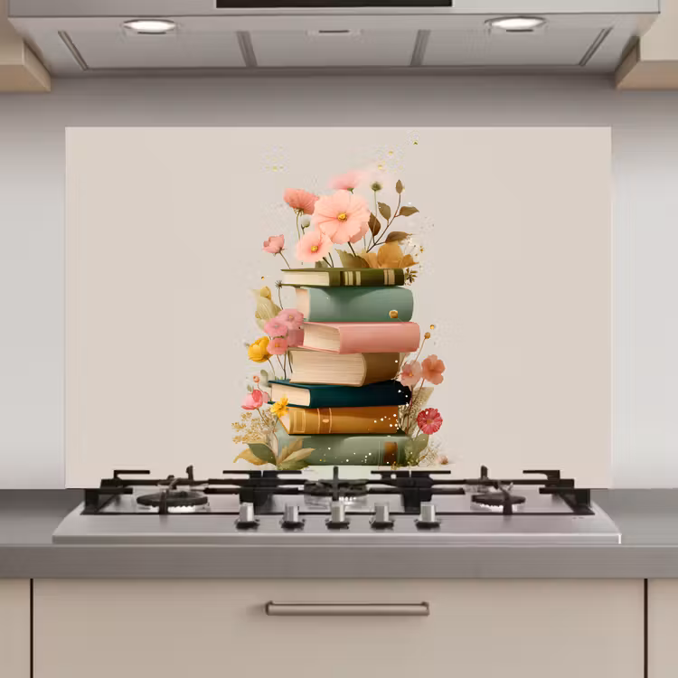 Spatscherm keuken - Boeken - Stapel - Bloemen - Kleurrijk — 1