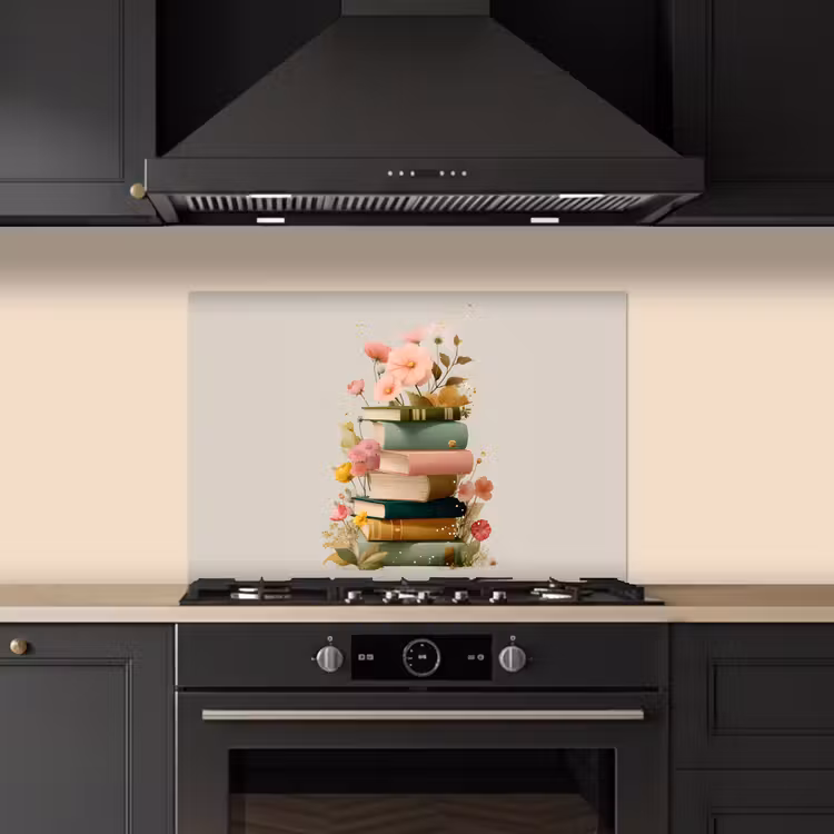 Spatscherm keuken - Boeken - Stapel - Bloemen - Kleurrijk — 2
