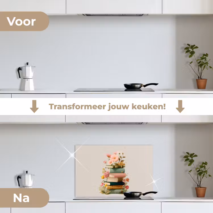 Spatscherm keuken - Boeken - Stapel - Bloemen - Kleurrijk — 3