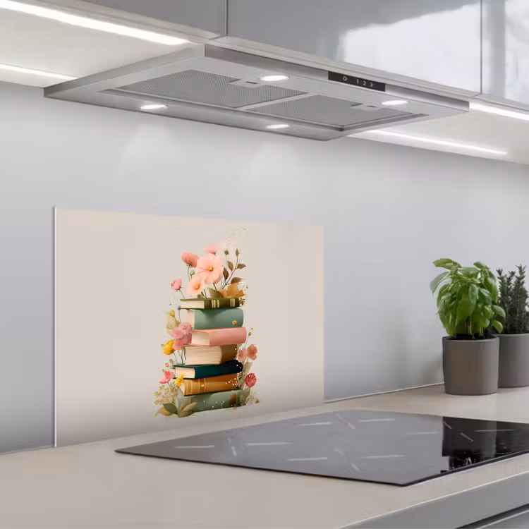 Spatscherm keuken - Boeken - Stapel - Bloemen - Kleurrijk — 5