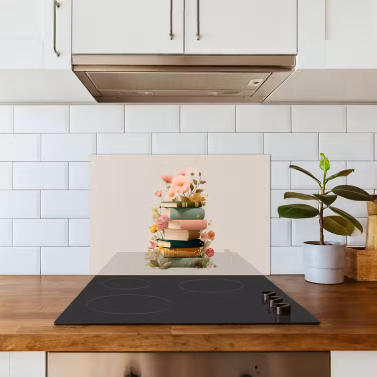 Spatscherm keuken - Boeken - Stapel - Bloemen - Kleurrijk — 6