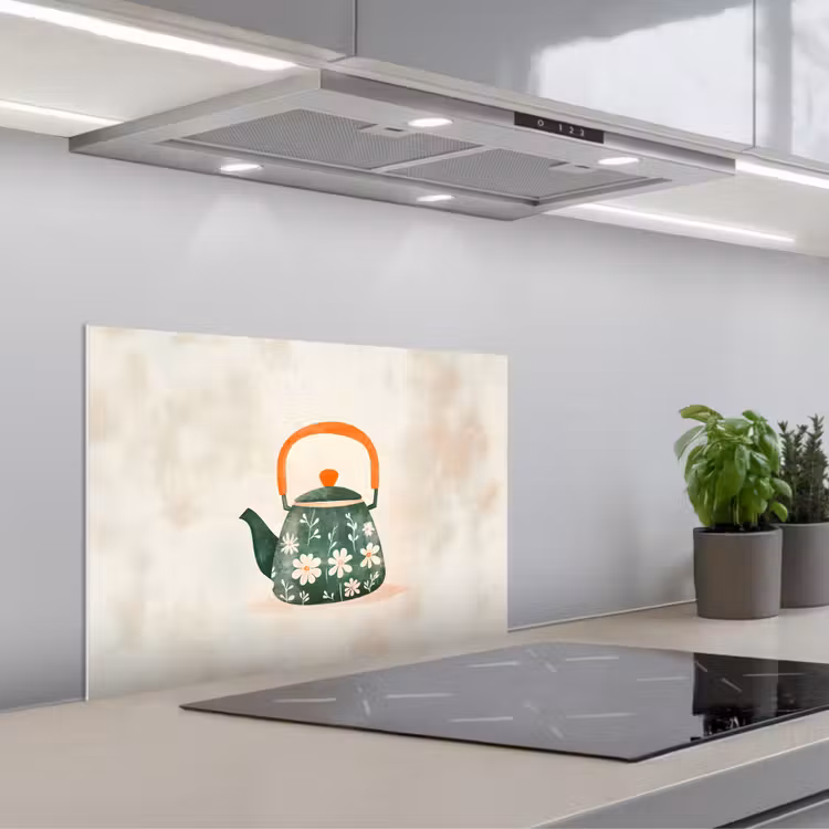 Spatscherm keuken - Theepot - Groen - Bloemen - Oranje — 5