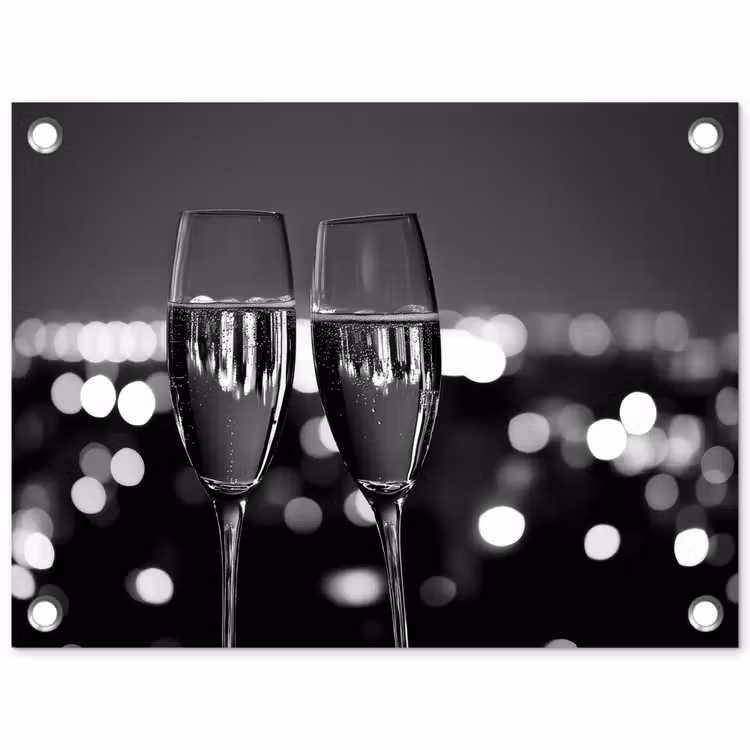 Tuinposter - Bubbels - Proosten - Champagneglazen - Stadslichten — 1