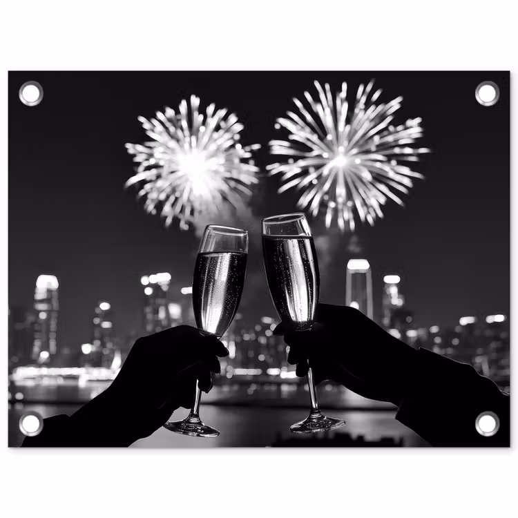 Tuinposter - Vuurwerk - Proosten - Skyline - Champagne — 1