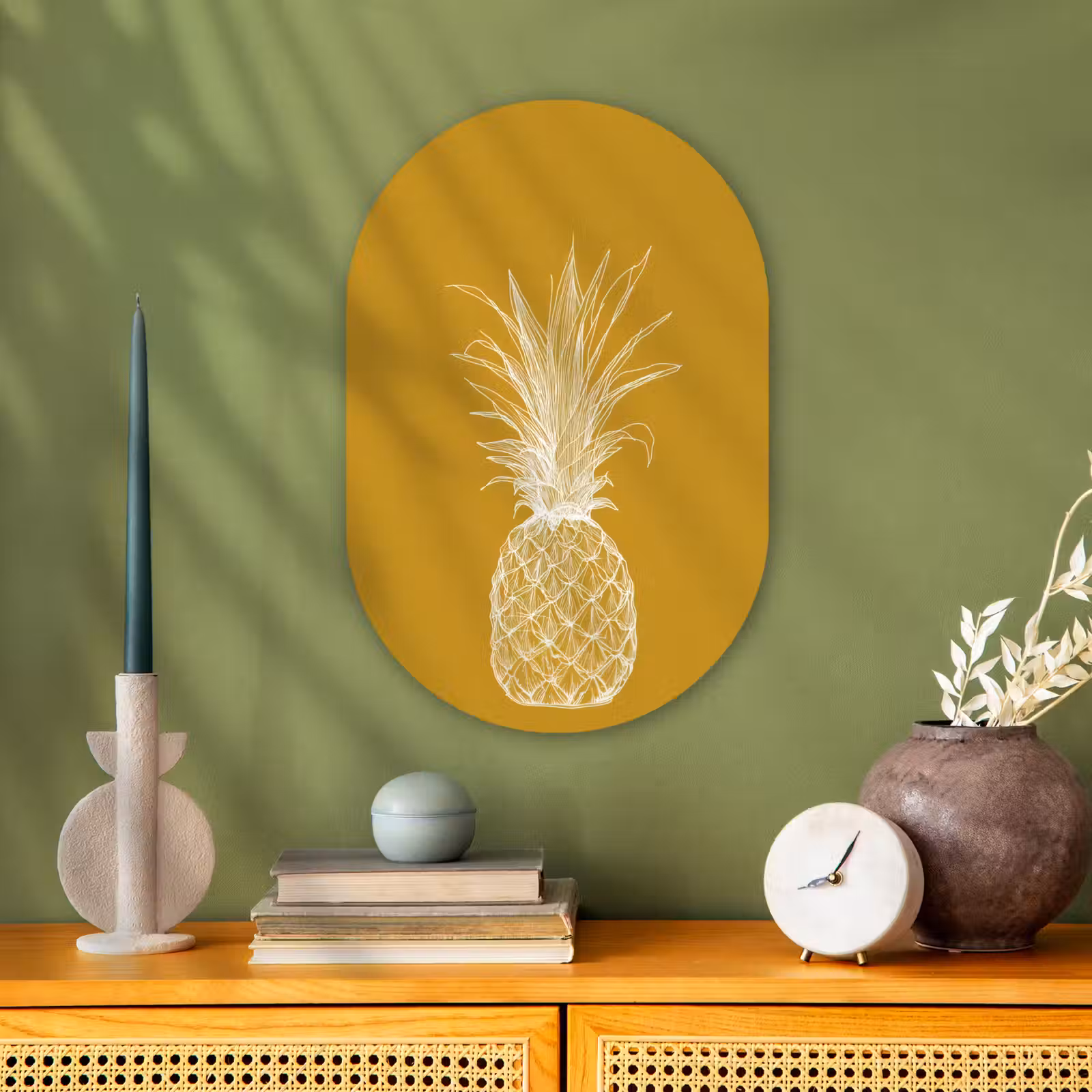 Muurovaal - Lijnillustratie - Ananas - Bladkroon - Okergeel — 1