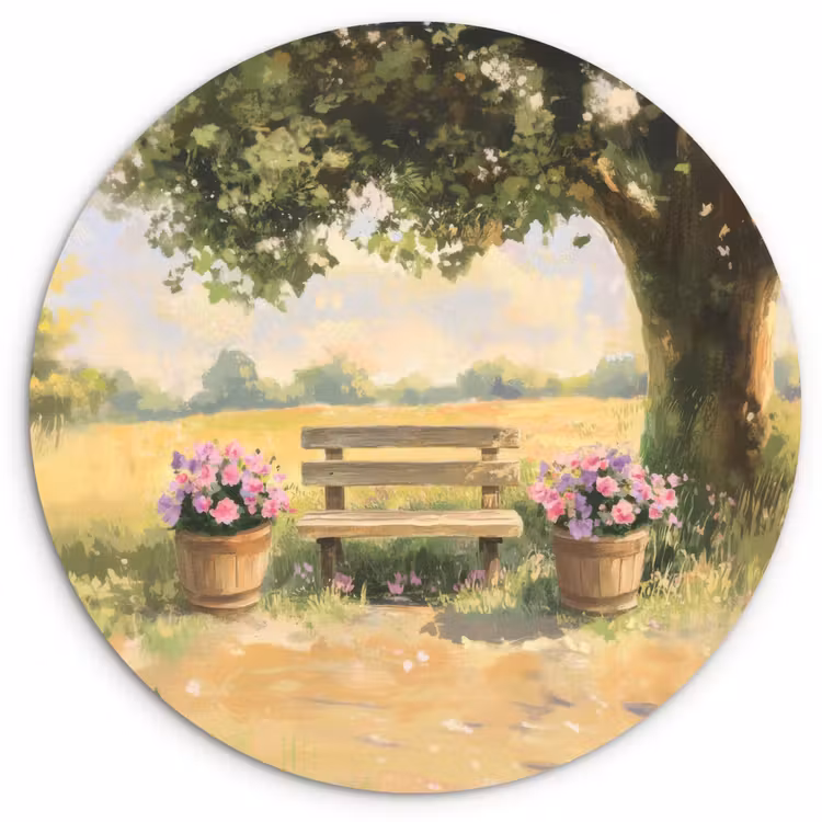 Muurcirkel - Houten bankje - Bloempotten - Landschap — 1