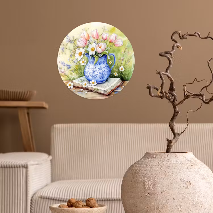 Behangcirkel - Vaas - Delftsblauw - Madeliefjes — 2