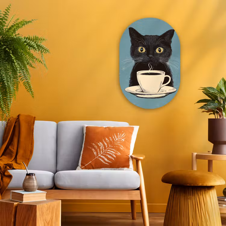 Muurovaal - Kat - Zwart - Koffie - Minimalistisch — 1