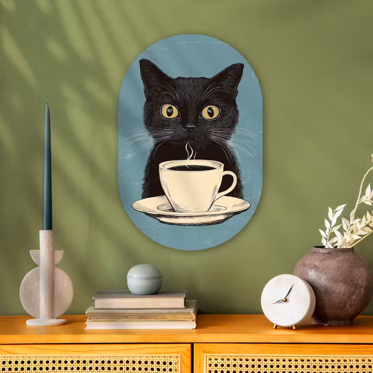 Muurovaal - Kat - Zwart - Koffie - Minimalistisch — 2