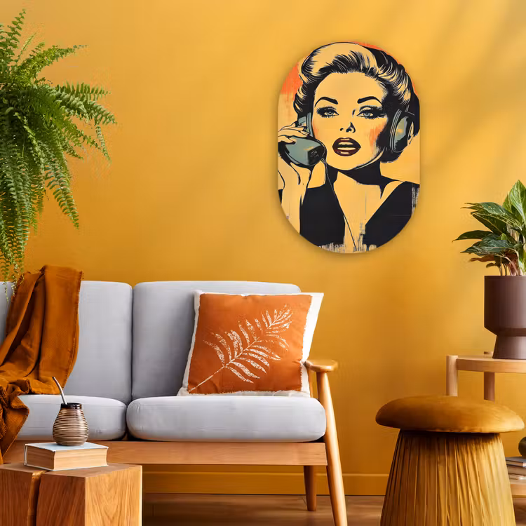 Muurovaal - Retro - Vrouw - Koptelefoon - Oranje — 1
