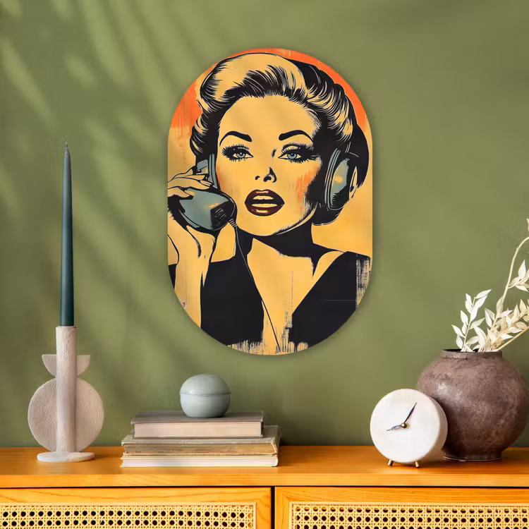 Muurovaal - Retro - Vrouw - Koptelefoon - Oranje — 2