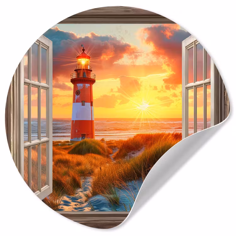 Behangcirkel - Doorkijk - Raam - Vuurtoren - Zonsondergang - Strand — 1