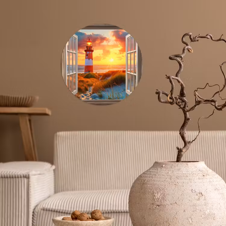 Behangcirkel - Doorkijk - Raam - Vuurtoren - Zonsondergang - Strand — 2