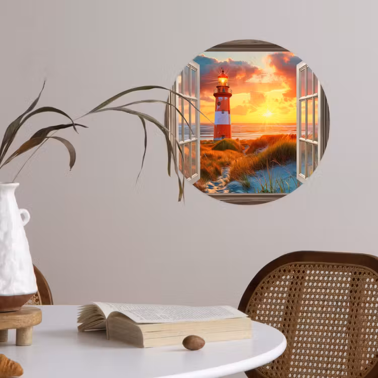 Behangcirkel - Doorkijk - Raam - Vuurtoren - Zonsondergang - Strand — 4