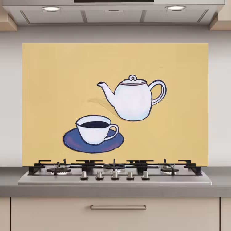 Spatscherm keuken - Theepot - Kopje - Beige - Illustratie — 1