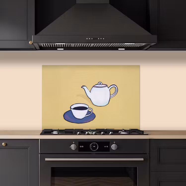 Spatscherm keuken - Theepot - Kopje - Beige - Illustratie — 2