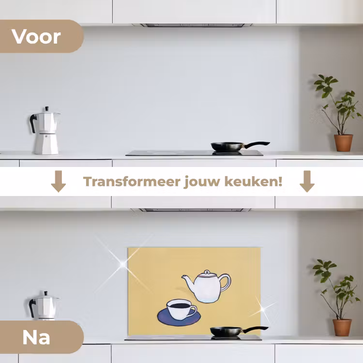 Spatscherm keuken - Theepot - Kopje - Beige - Illustratie — 3