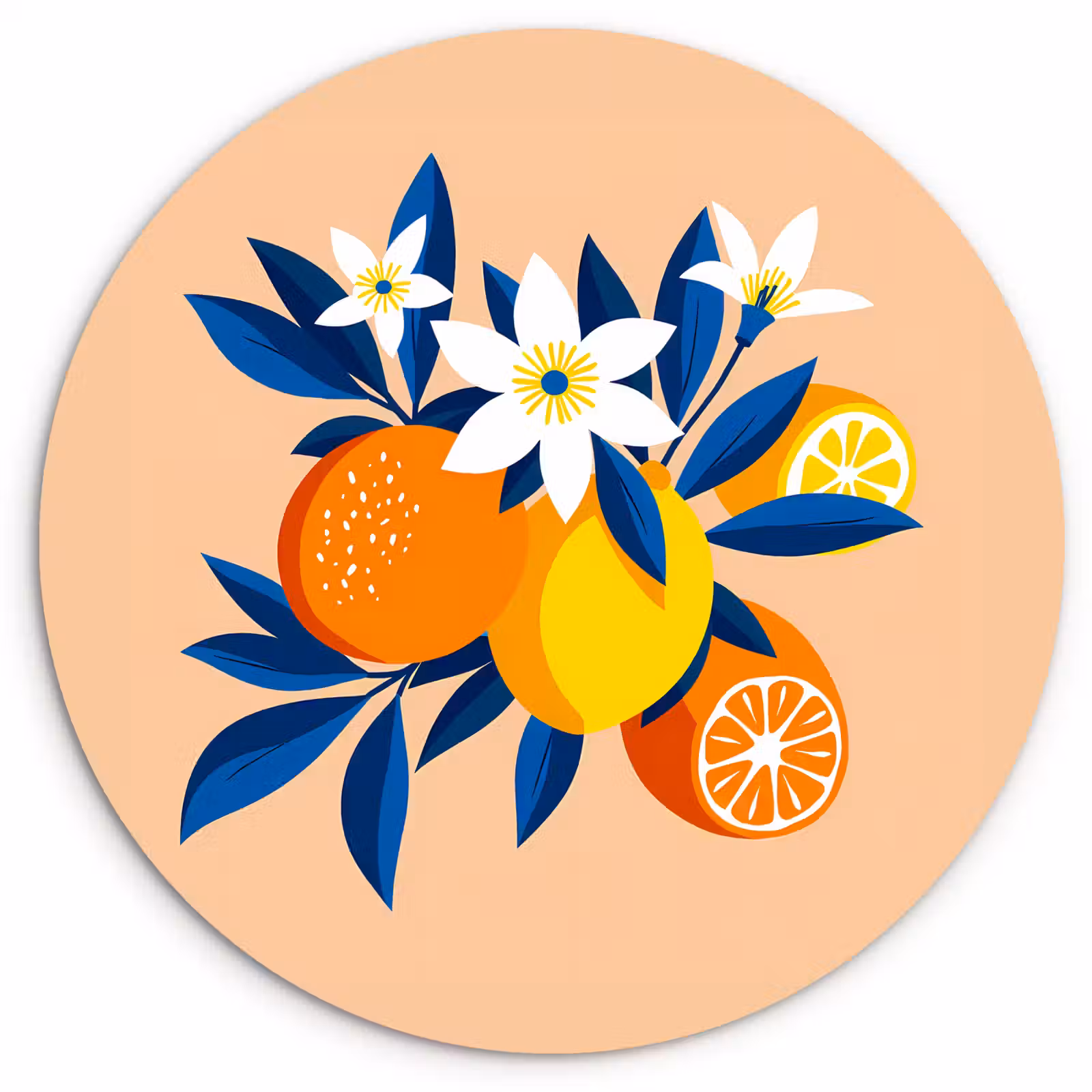 Muurcirkel - Illustratie - Sinaasappels - Donkerblauw - Bloemen — 1