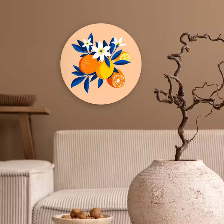 Muurcirkel - Illustratie - Sinaasappels - Donkerblauw - Bloemen — 2