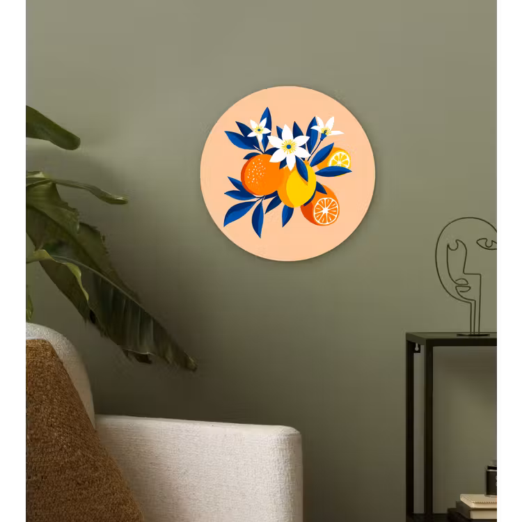 Muurcirkel - Illustratie - Sinaasappels - Donkerblauw - Bloemen — 3