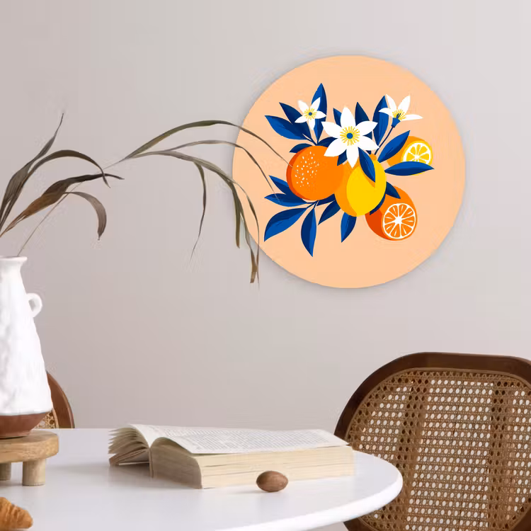 Muurcirkel - Illustratie - Sinaasappels - Donkerblauw - Bloemen — 4