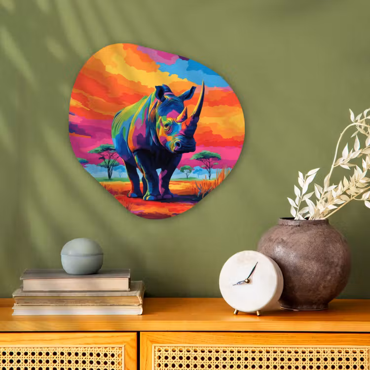 Organisch schilderij – Neushoorn - Zonsondergang - Savanna - Kleurrijk — 2