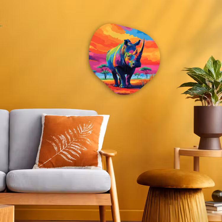 Organisch schilderij – Neushoorn - Zonsondergang - Savanna - Kleurrijk — 3
