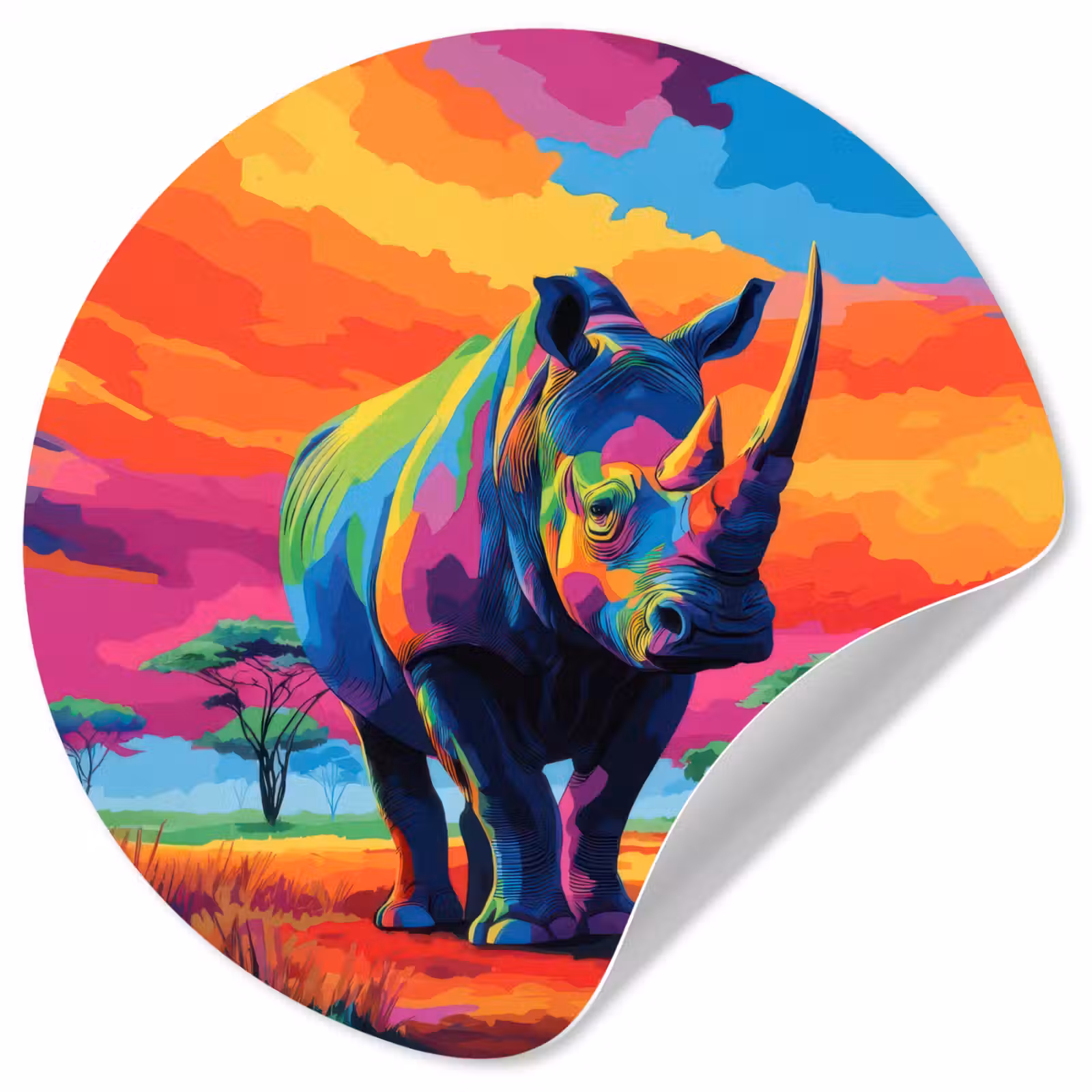 Behangcirkel - Neushoorn - Zonsondergang - Savanna - Kleurrijk — 1