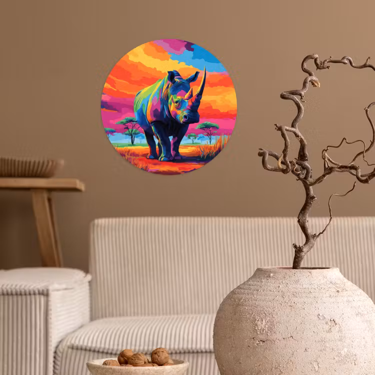 Behangcirkel - Neushoorn - Zonsondergang - Savanna - Kleurrijk — 2