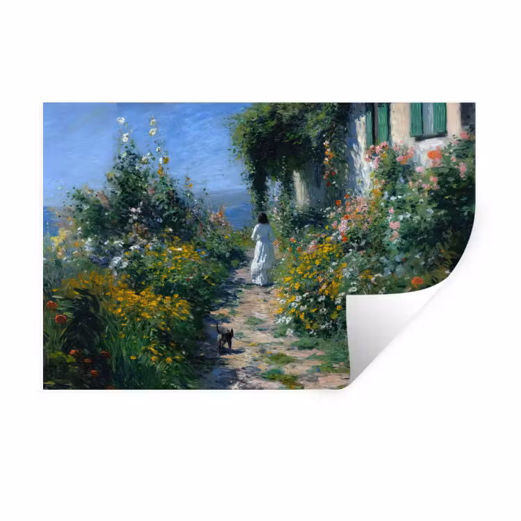 Muursticker - Kat - Vrouw - Bloemen - Huis — 1