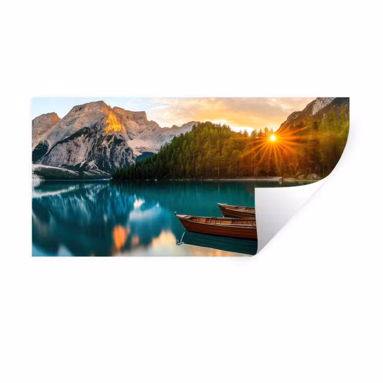 Muursticker - Meer - Bergen - Zonsondergang - Boot — 1