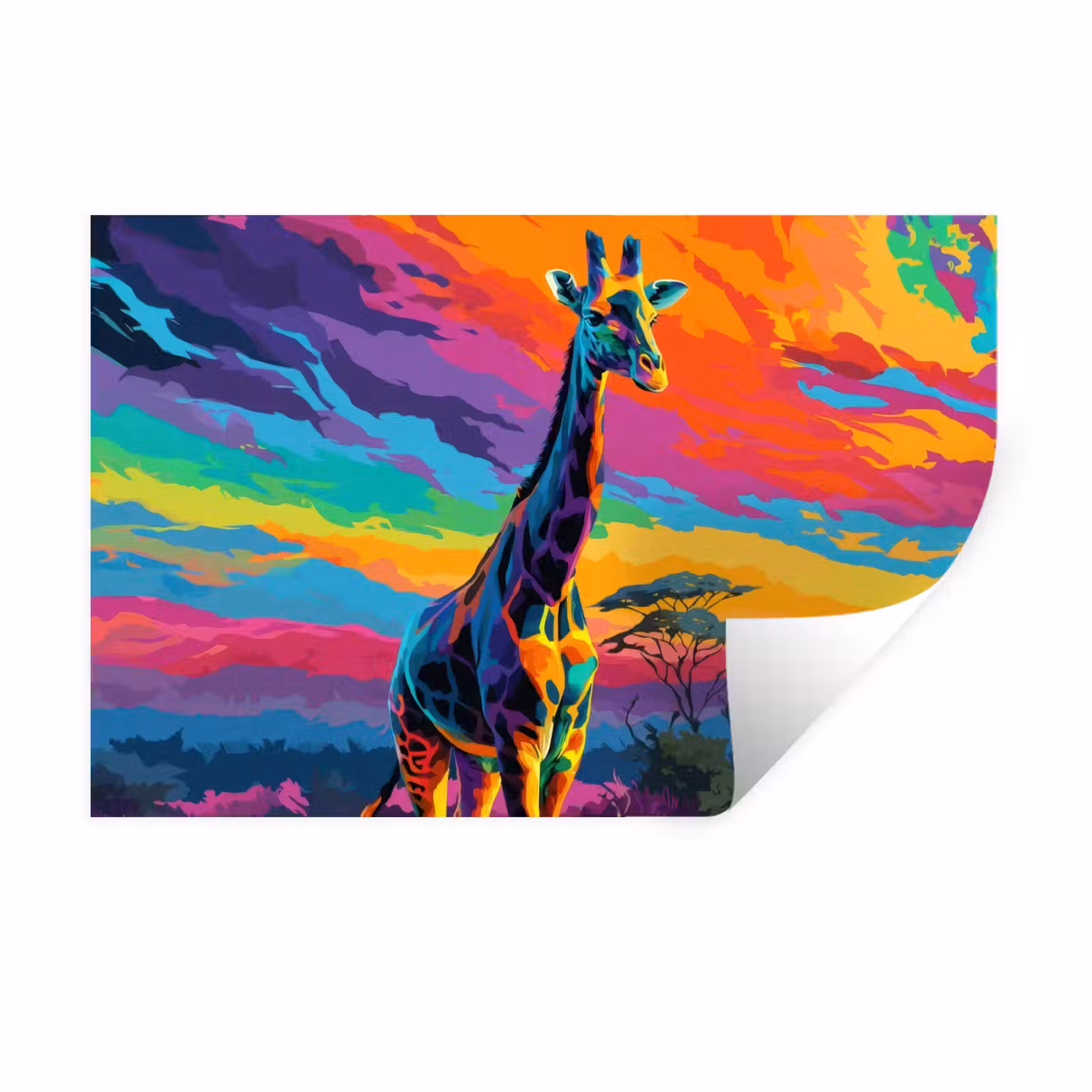 Muursticker - Giraffe - Savanna - Lucht - Gekleurd — 1