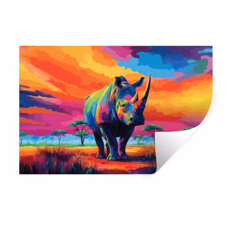 Muursticker - Neushoorn - Zonsondergang - Savanna - Kleurrijk — 1