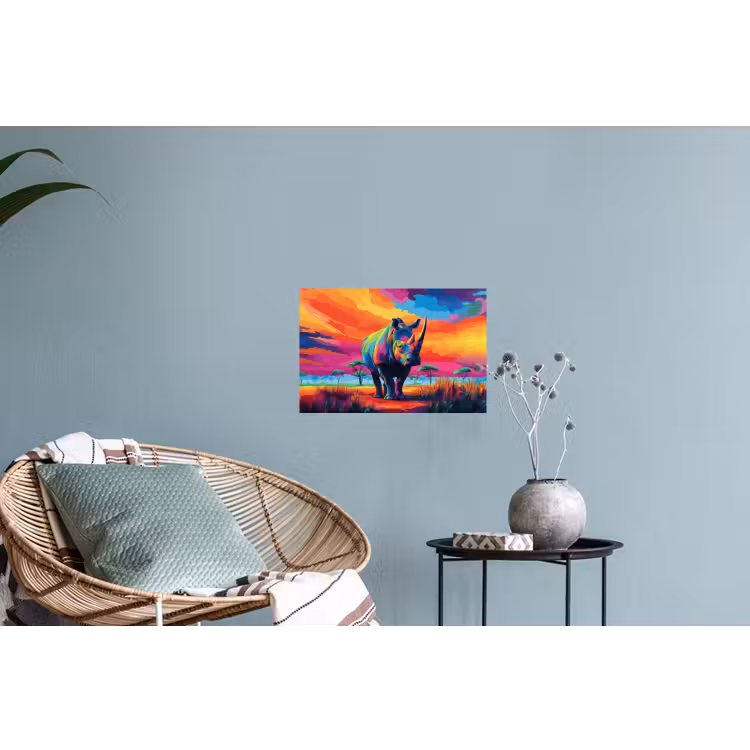 Muursticker - Neushoorn - Zonsondergang - Savanna - Kleurrijk — 4