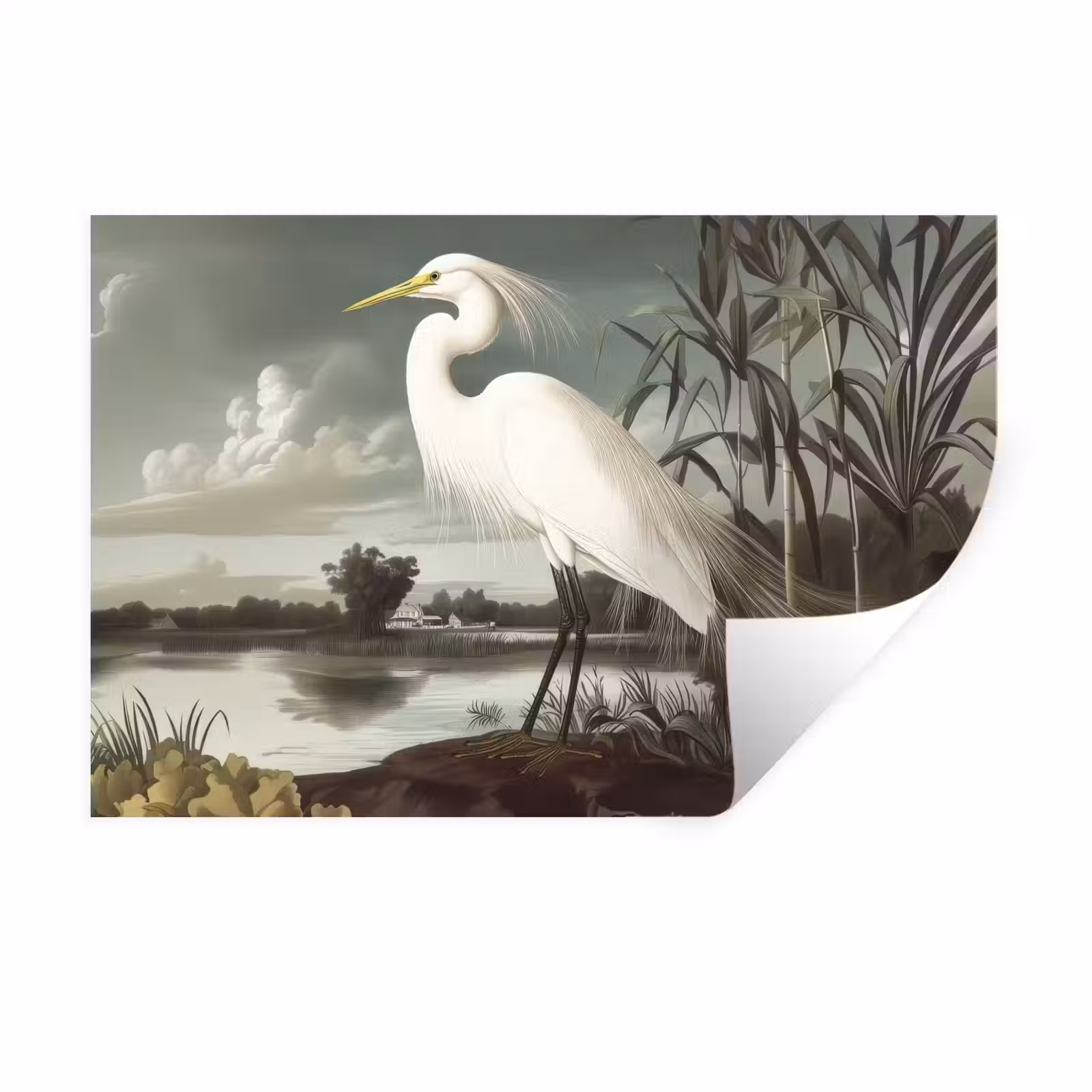 Muursticker - Reiger - Planten - Wolken - Wit — 1
