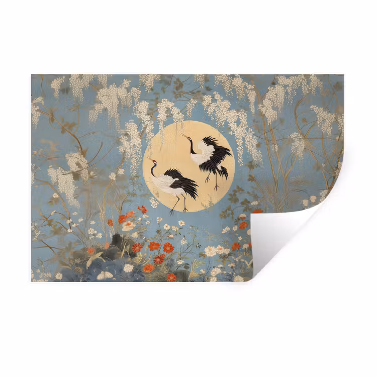 Muursticker - Kraanvogels - Maan - Bloemen - Blauw — 1