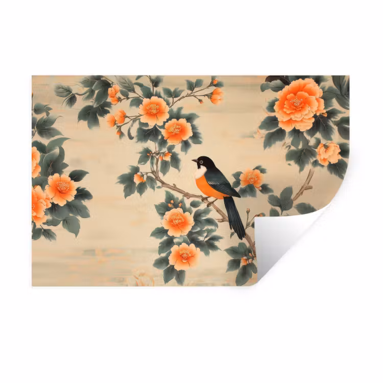 Muursticker - Vogel - Tak - Bloemen - Oranje — 1