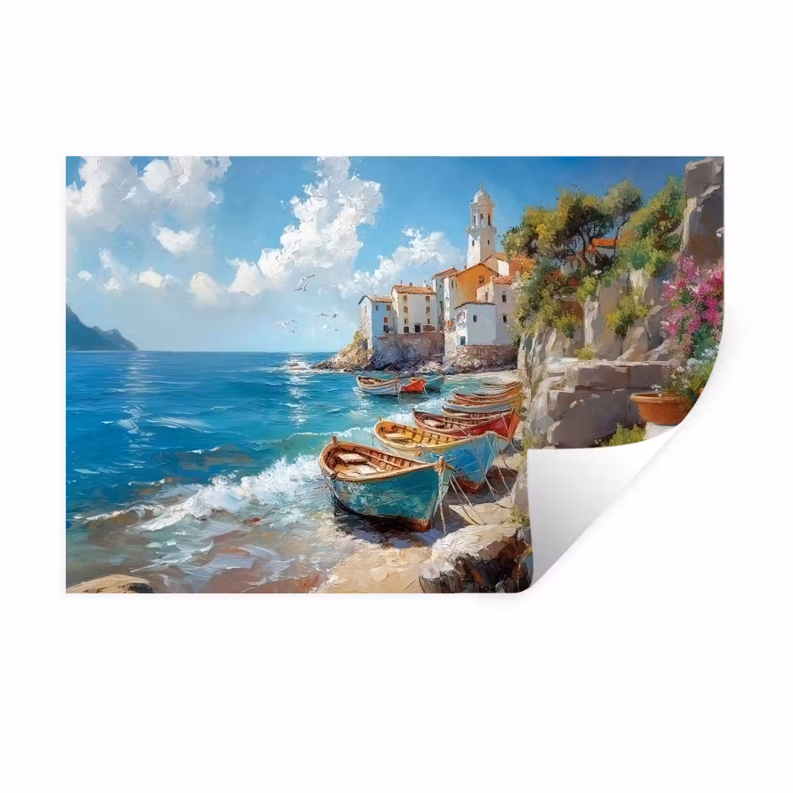 Muursticker - Boten - Rotsen - Zee - Zon — 1